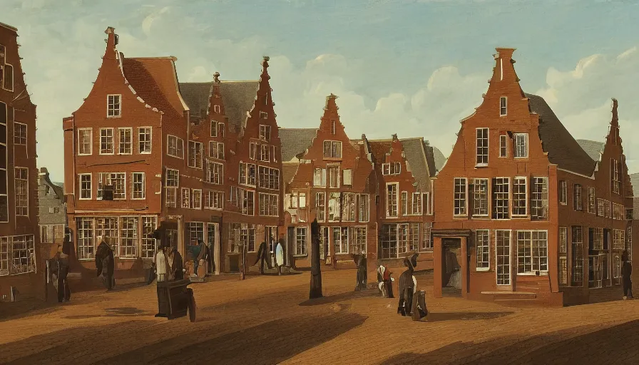 Image similar to dutch townscape scene, isometric view, painting