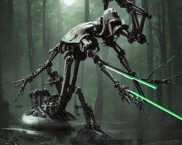 Image similar to photo of starwars general grievous with heavy duty biomechanical hydraulic cybernetic body and 4 arms holding unsheated lightsabers in the forest. cyberpunk horror style. highly detailed 8 k. intricate. nikon d 8 5 0 5 5 mm. award winning photography. art by hr giger