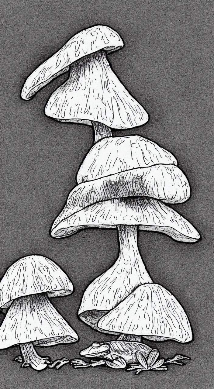 Prompt: cottagecore frog on a mushroom black and white drawing