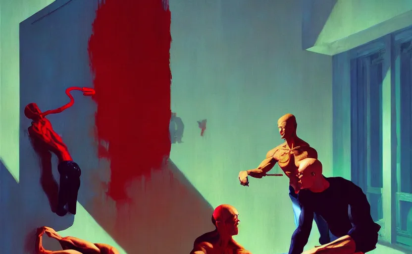 Image similar to Fight club, very coherent, painted by Edward Hopper, Wayne Barlowe, painted by James Gilleard, airbrush, art by JamesJean