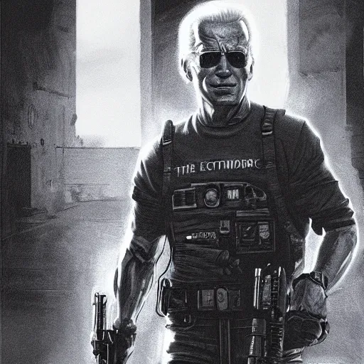 Image similar to joe biden as the terminator, dramatic lighting, cinematic, establishing shot, extremly high detail, photorealistic, cinematic lighting, artstation, style by James Gurney