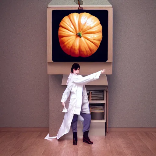 Image similar to A white girl with dark brown hair in lab coat lives inside a magical japanese hokaido pumpkin, hyperrealistic digital art