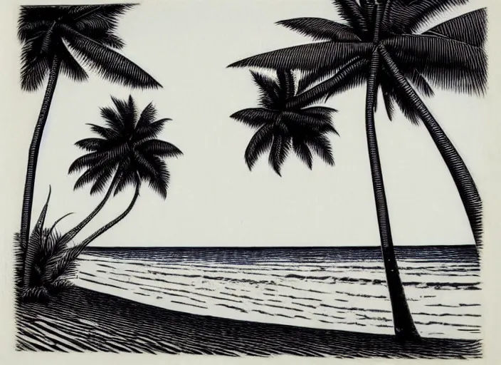 Image similar to a beautiful wood engraving on paper of a beach with coconut palms