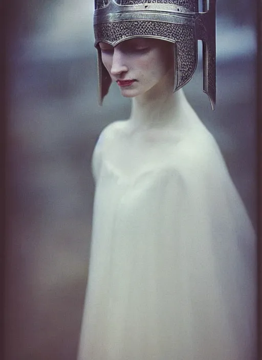 Prompt: medieval helm!!!!!!!, out of focus photorealistic portrait of a beautiful pale woman by saul leiter, very blurry, translucent white skin, closed eyes, foggy, pale lips