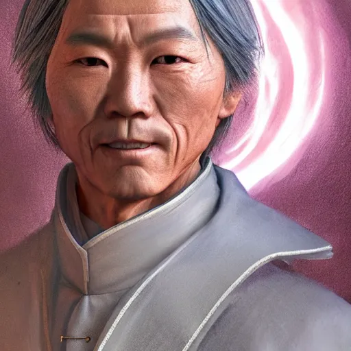 Image similar to portrait painting of a 6 0 year old kind handsome taoist priest ， looks like jie lott ， silver ponytail hair, amiable by yangjun chen ，, nadar, bright colors, octopath traveler, unreal engine 5 highly rendered, global illumination, radiant light, detailed and intricate environment