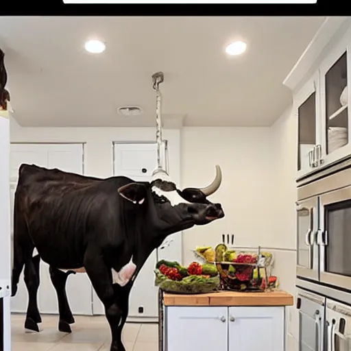 Image similar to photo of a kitchen with an entire cow in the fridge