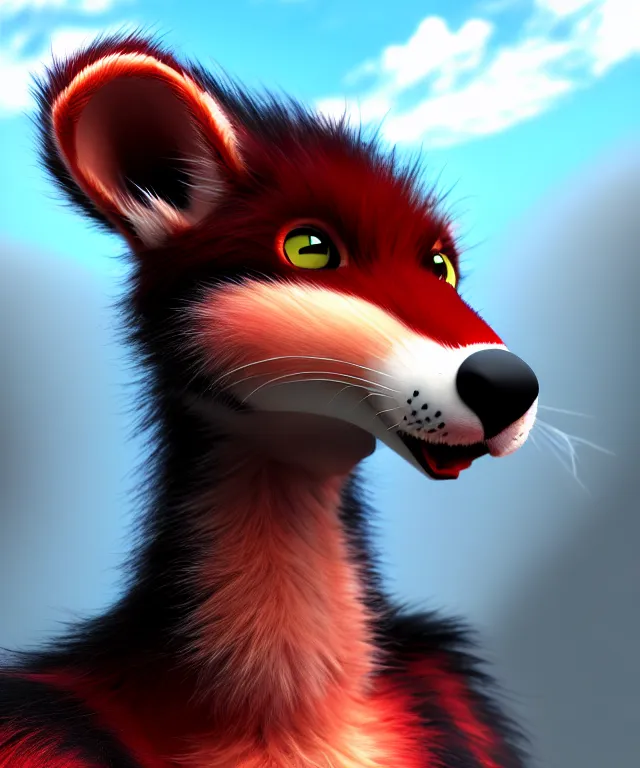 Image similar to furry - male - red - black - weasel - geistcaller - fursona uhd ue 5 visual novel pc game expressions, photorealistic