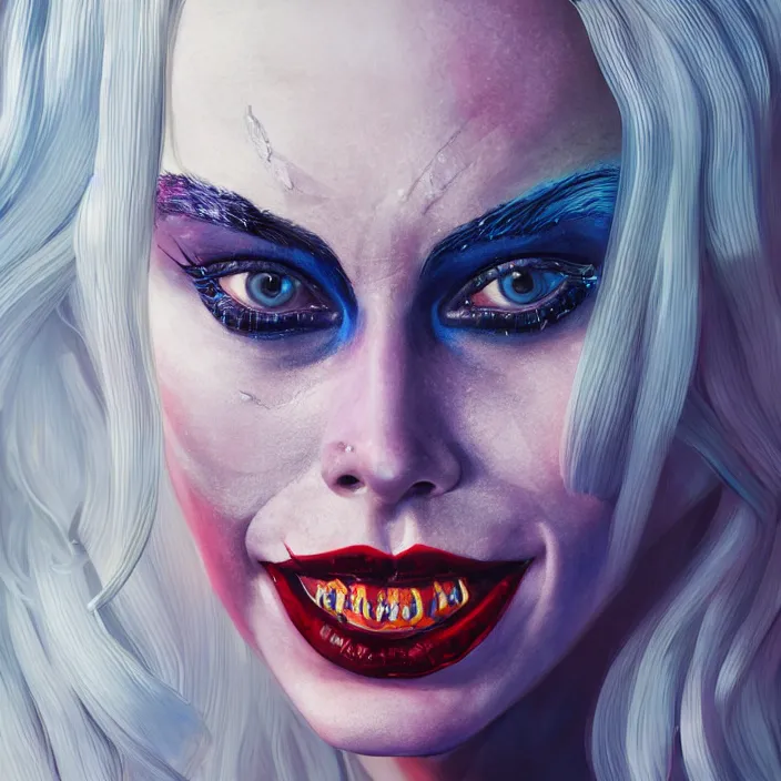 Image similar to portrait of Margot Robbie as a harley quinn. intricate abstract. intricate artwork. by Tooth Wu, wlop, beeple, dan mumford. octane render, trending on artstation, greg rutkowski very coherent symmetrical artwork. cinematic, hyper realism, high detail, octane render, 8k, iridescent accents