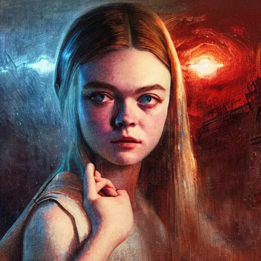 Prompt: ultra realistic medium shot masterpiece portrait painting of elle fanning in the painted world of resident evil and bruce pennington, apocalypse, cosmic horror, artstation, art by frank frazetta, 4 k, ultra realistic, highly detailed, epic lighting