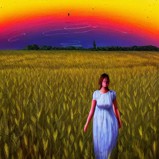 Image similar to giant daisy flowers as a head, girl walking in wheat field, hills, surreal photography, dark night, star trails, impressionist painting, dramatic clouds, digital painting, artstation, simon stalenhag