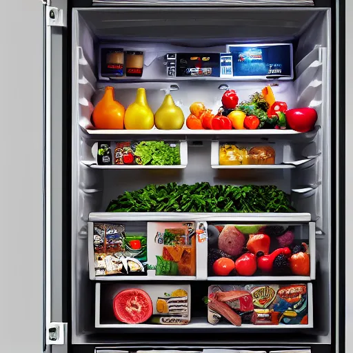 Prompt: television screen showing the inside of a refrigerator