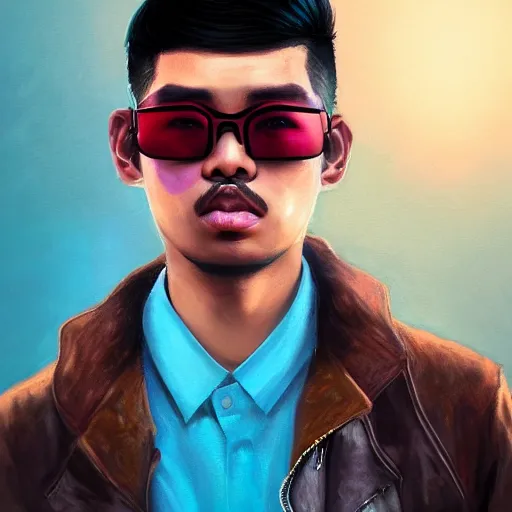 Image similar to very detailed masterpiece closeup painting of a very handsome young indonesian with small mustache cyberpunk man with light blue shutter shades, one side haircut, brown hair with light blue ends, purple leather jacket, beauty mark on cheek, portrait, synthwave background, artstation, concept art by greg rutkowski