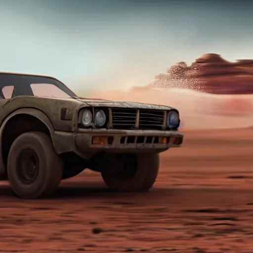 Image similar to velociraptor mongoliensis as a subaru impreza in mad max, photorealistic hdr 8 k