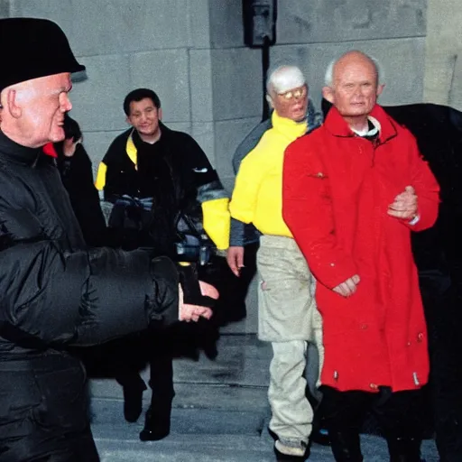 Image similar to john paul ii in a black puffed nuptse, black cargo pants and high black boots, press paparazzi photograph