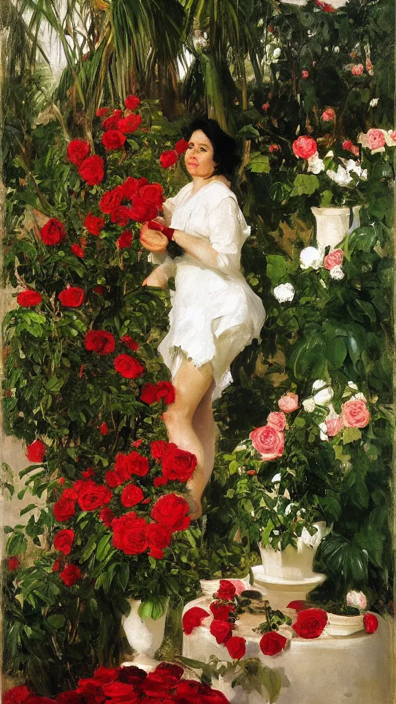 Image similar to rebekah delrio in a botanical room set near a persian pot fulk of red roses and palm treeby john singer sargent