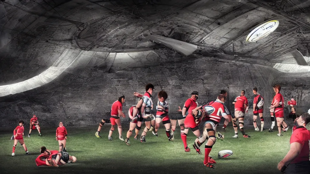 Prompt: athletes playing rugby in a giant spaceship.