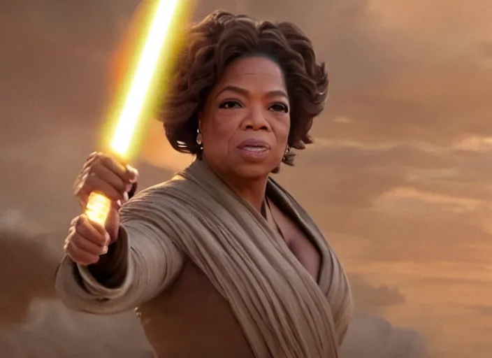 Image similar to oprah winfrey plays a jedi master in star wars rise of skywalker, 3 5 mm photography, highly detailed, cinematic lighting, standing pose, fully body shot, holding lightsaber 4 k