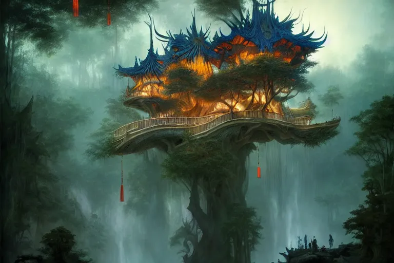 Prompt: treehouse from gaudi in a deep mystical forest , floating chinese lampoons, lake, waterfall, tall people walking and discussing, dynamic lighting, art by peter mohrbacher and john howe on artstation, mix with rivendell architecture, night mood