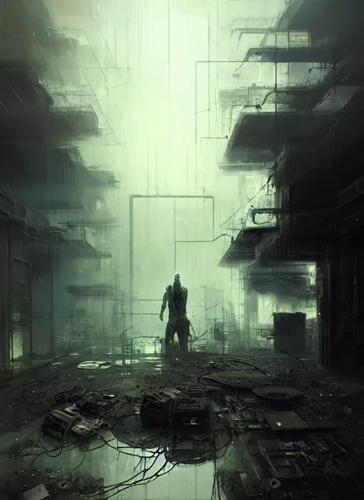 Prompt: a cyborg sitting on the floor, inside an old apartment, cybernetic parts and wires scattered across the floor, dystopian aesthetics, detailed oil painting, misty, ethereal, dramatic lighting, ominous, by craig mullins and ruan jia and jeremy mann