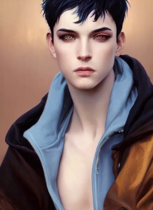 Prompt: androgynous young man with short black hair, light blue eyes, glowing, golden hour, wearing jeans and a black hoodie, realistic painting by ross tran and gerald brom and alphonse mucha, trending on artstation