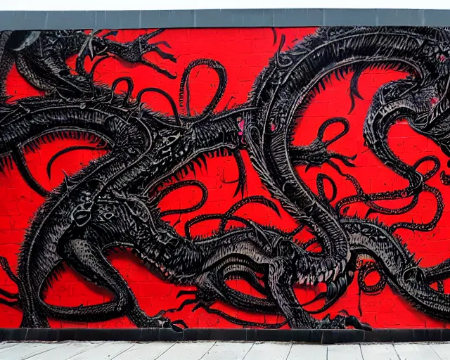 Image similar to 16k photorealistic image of a wall that has some lovecraftian graffiti on it inspired by wretched dragon rib cage. lovecraftian graffiti in red and black colors. the art is cursed and ecrusted with jewels. the grafiiti is inspired by cobwebs and venom.