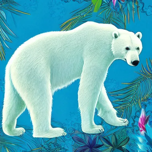 Image similar to blue paper + an intricate polar bear and a beauty depiction + elaborate red illustration, very detailed, deviantart, 8 k vertical wallpaper, tropical, colorful, airy, anime illustration, anime nature