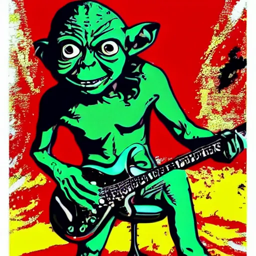 Image similar to gollum pop-art, rock-n-roll, guitar