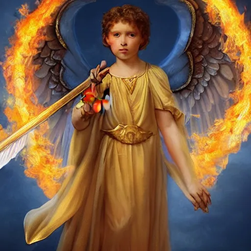 Prompt: epic portrait of an angel holding a flaming sword above his head, flying in the sky