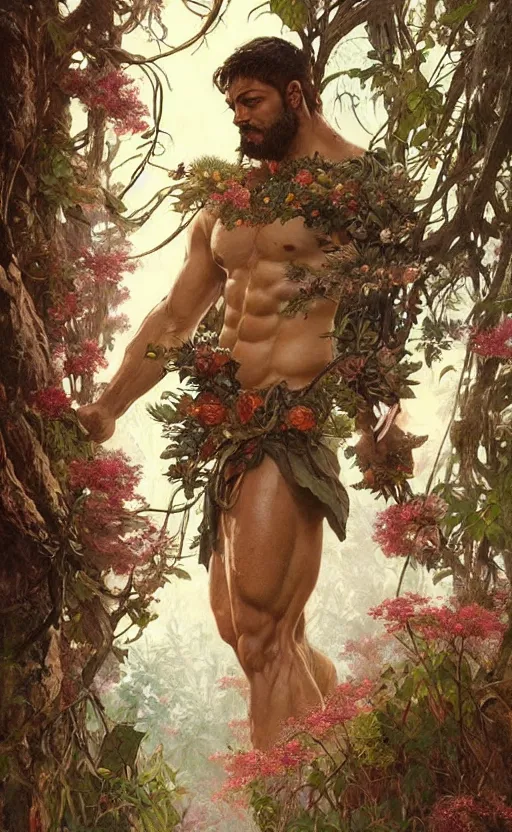 Image similar to god of the forest, 3 0 years old, rugged, male, gorgeous, detailed face, amazing, thighs!!!!!!, flowers, muscular, intricate, highly detailed, digital painting, artstation, concept art, sharp focus, illustration, art by greg rutkowski and alphonse mucha