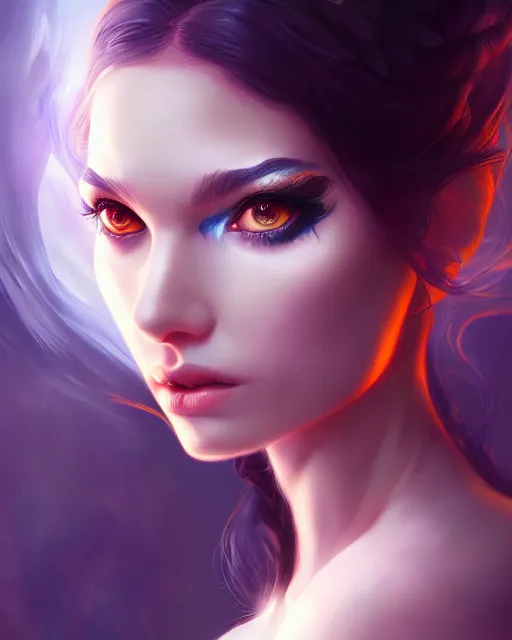 Image similar to portrait auburn princess of shadows and smoke, high cheekbones and fierce eyes, beautiful portrait, magical flower priestess, halo of light, artgerm, artstation, ross tran, photorealism