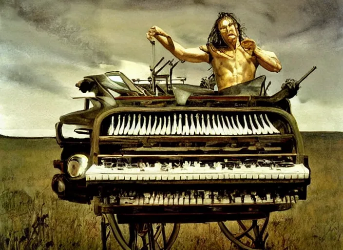 Prompt: mad max fury style pipe organ, painting by andrew wyeth, very detailed, somber mood,