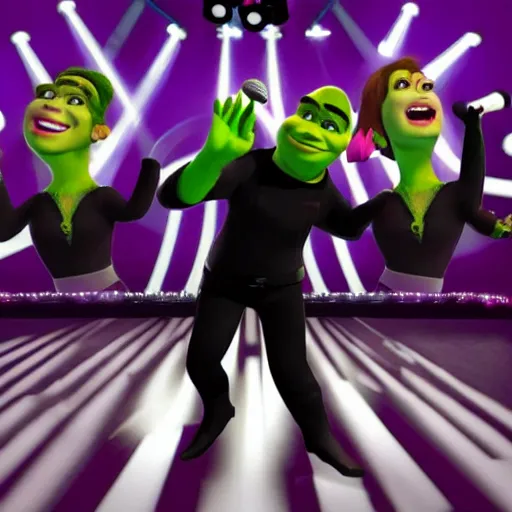 Image similar to Shrek performing Never Gonna Give You Up, singing into a microphone while dancing, black suit, striped shirt, light background, full color photograph, 4k