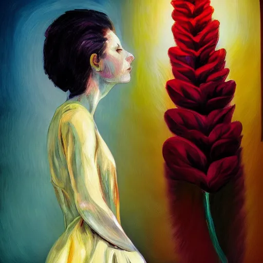 Image similar to giant flower head, woman standing in a luxury apartment, surreal, dramatic light, impressionist painting, digital painting, artstation, georgia o'keeffe