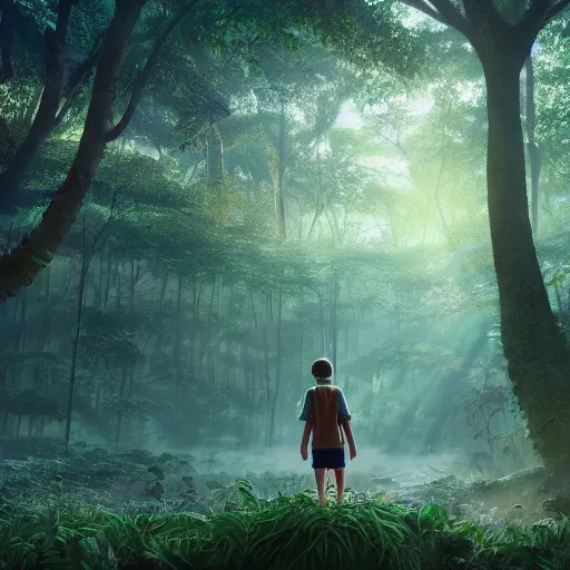 Image similar to alone person facing the desperate call of the void, organized suburb in jungle forest, unreal 5 render, vivid colors, high detail, clear weather, studio ghibli, history painting, digital art, octane render, beautiful composition, trending on artstation, award - winning photograph, masterpiece