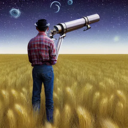 Image similar to a farmer standing on the fields of barley looking at the stars through telescope by H.P. Lovecraft, 8k, epic scene, concept art