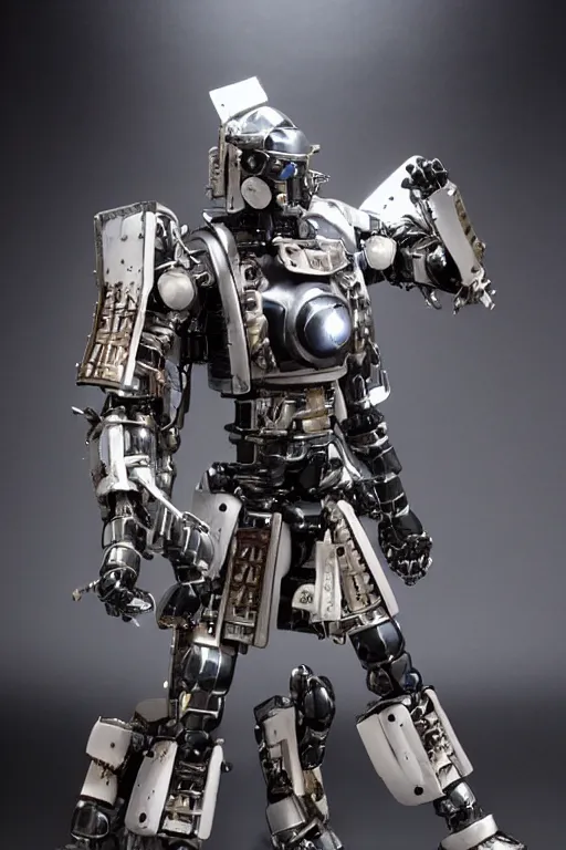 Image similar to samurai inspired mecha real steel (2011) robot. Black reflective panels exposed wiring joints. Scowling angry face. Glowing eyes. intimidating cyberpunk style of Roger Deakins Jeremy Saulnier Newton Thomas Sigel Robert Elswit Greig Fraser trending rtx on ue5. 35mm Kodak Vision 2383 gritty atmospheric Bladerunner 2049