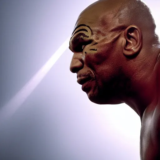 Image similar to a still of mike tyson, cinematic, 4 k, god rays through fog