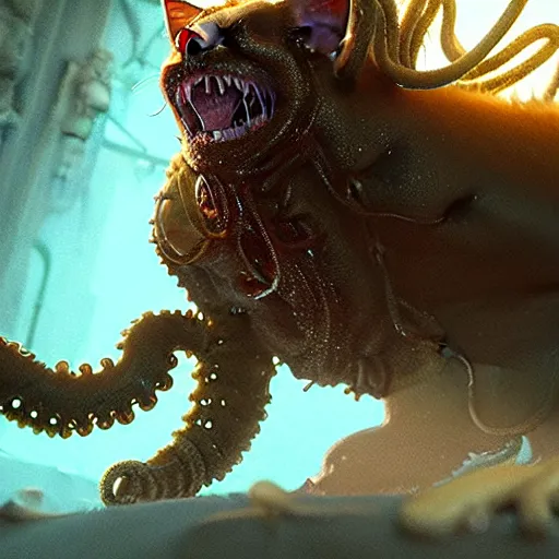 Prompt: a sewer cat transformed into an indescribable horror with tentacles, covered breasts, fangs and slime, volumetric lighting, beautiful, golden hour, sharp focus, ultra detailed, cgsociety by leesha hannigan, ross tran, thierry doizon, kai carpenter, ignacio fernandez rios, noir photorealism, film