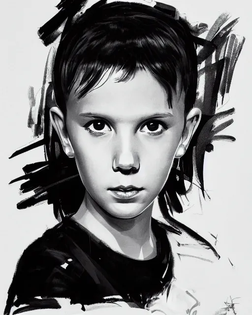 Image similar to close up portrait of millie bobby brown by yoji shinkawa, black and white, high contrast