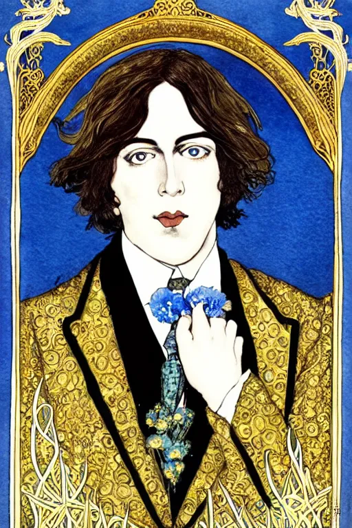 Prompt: realistic portrait of oscar wilde in the center of an ornate victorian gold frame with blue orchids, detailed art by kay nielsen and walter crane, illustration style, watercolor