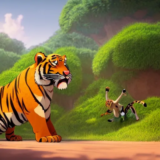 Image similar to a wholesome animation key shot of a tiger fighting a lion, studio ghibli, pixar and disney animation, sharp, rendered in unreal engine 5, anime key art by greg rutkowski, bloom, dramatic lighting