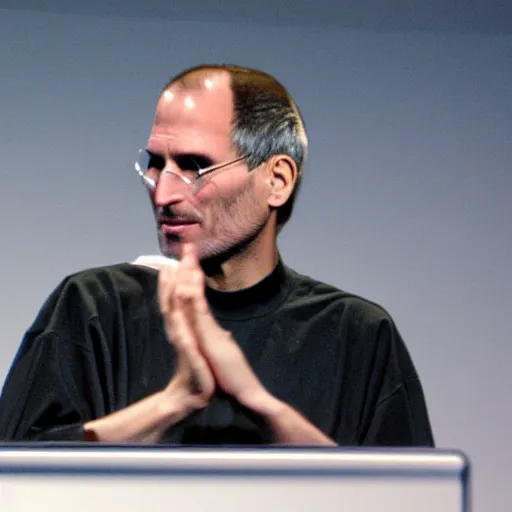 Prompt: Steve Jobs demos failed product iTopHat (2007) HDR Getty