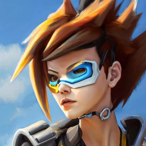 Image similar to oil painting of tracer overwatch in a field wearing spiked collar around neck, in style of greg rutkowski, expressive face, wearing choker, steel collar, steel choker, wearing collar on neck, detailed face, detailed eyes, full body, feminine face, tracer overwatch,