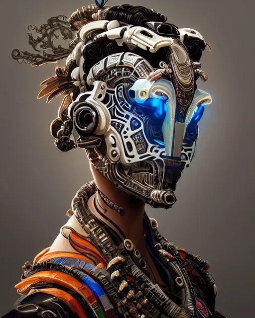 Image similar to portrait of a machine from horizon zero dawn, machine face, upper body, decorated with opera motifs, asian, traditional chinese art, intricate, elegant, highly detailed, digital painting, artstation, concept art, smooth, sharp focus, illustration, art by artgerm and greg rutkowski and alphonse mucha, 8 k