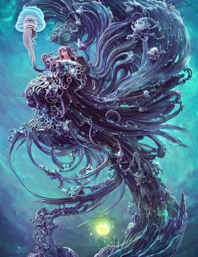 Prompt: goddess macro shouler portrait from bottom to top in crown made of ram skull. betta fish, jellyfish phoenix, bioluminiscent, plasma, ice, water, wind, creature, super intricate ornaments artwork by tooth wu and wlop and anato finnstark and greg rutkowski