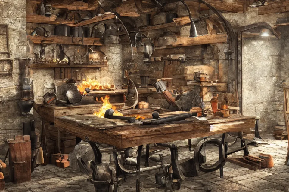 Prompt: blacksmith, smithy forge, smelting furnace, medieval, anvil, hammers and metal ingots on table, single window, realistic, fantasy, concept art, 8 k