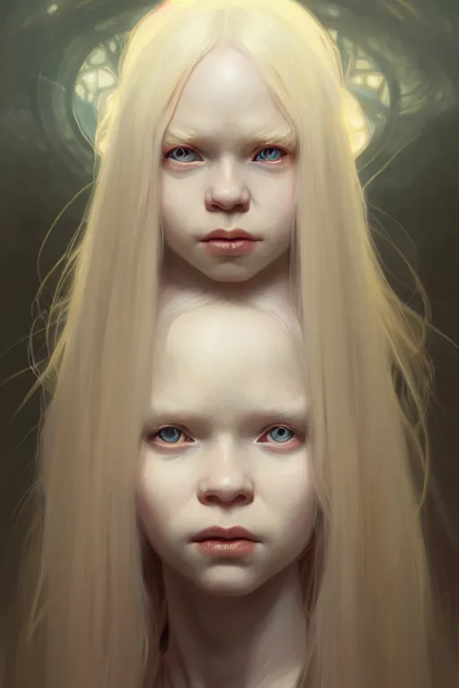 Image similar to Close-up portrait of young albino girl, long blonde hair, dark fantasy, portrait, highly detailed, digital painting, artstation, concept art, sharp focus, illustration, art by artgerm and greg rutkowski and alphonse mucha