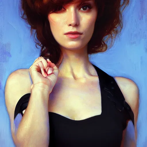 Image similar to modern woman | hyperrealistic | action pose | digital painting | trending on artstation | pinup portrait | clean | illustration | dressed | Unreal Engine 5 | 8k resolution | by Greg Rutkowski Gustav Klimt, J.W. Waterhouse and Mel Ramos