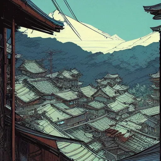 Prompt: a powerful japanese village high in mountains, concept art by moebius and laurie greasley and greg rutkowski, fantastic landscape, 8 k, cinematic color grading