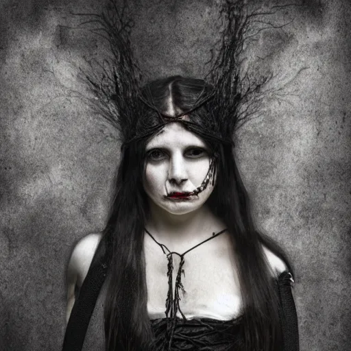 Prompt: dark schizophrenia portrait, death not dresses body woman in medieval dress, strangled with rope, blur effect face, victorian style, high detail
